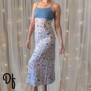 Vintage Floral Maxi Dress with Denim Top Size S-M